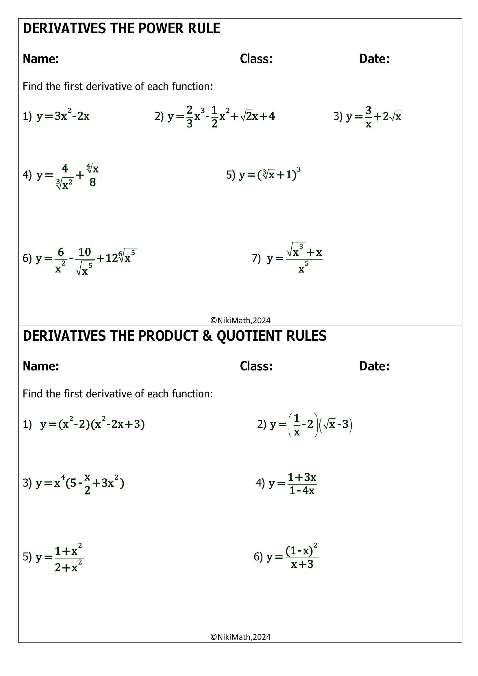 Derivatives The Power Product Quotient Rules Warm Ups And Homework 35 Problems Teacher Professional Development