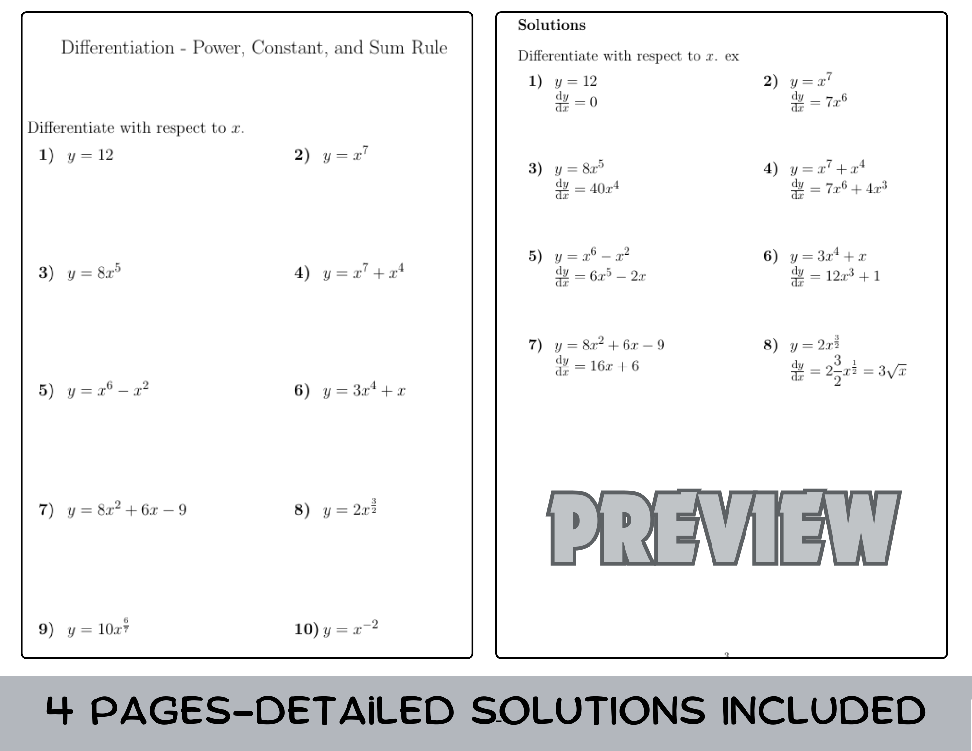 Differentiation Power Constant And Sum Rule Worksheet With Solutions Teaching Resources