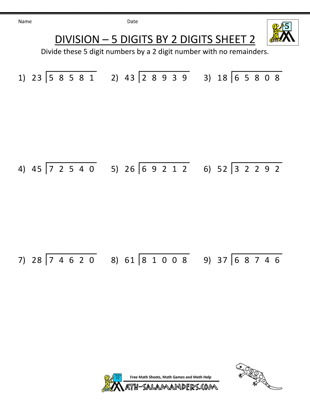 Division 5 Digits By 2 Digits Sheet 2 Division 5 Digits By 2 Digits Sheet 2