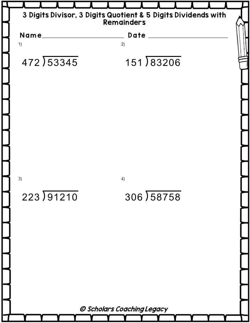 Division With 3 Digits Divisor 3 Digits Quotient 5 Digits Dividends With Remainders Worksheets M Made By Teachers Triple Digit Division K12 Math Worksheets