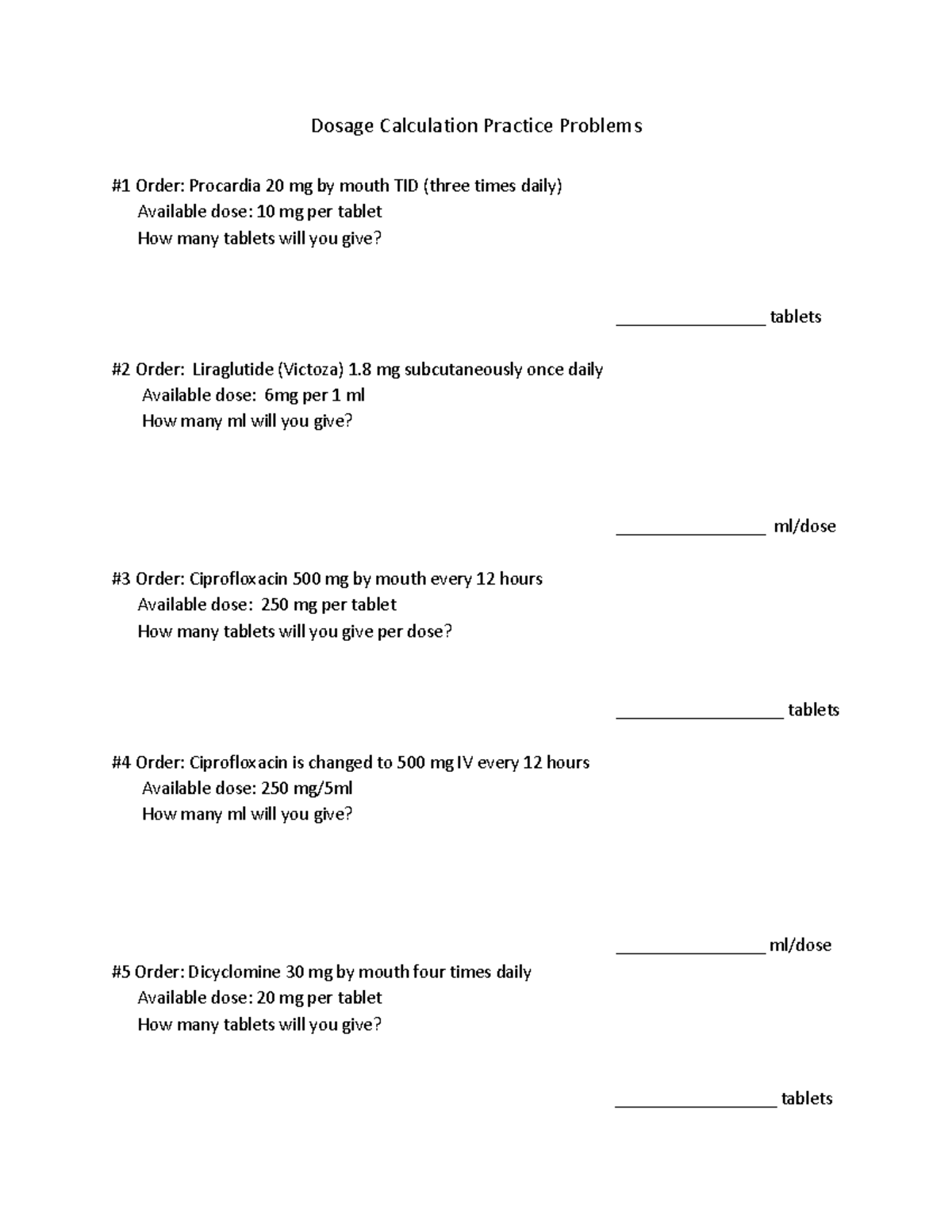 Dose Calc Practice Problems Meds IV Fluids Worksheet Studocu
