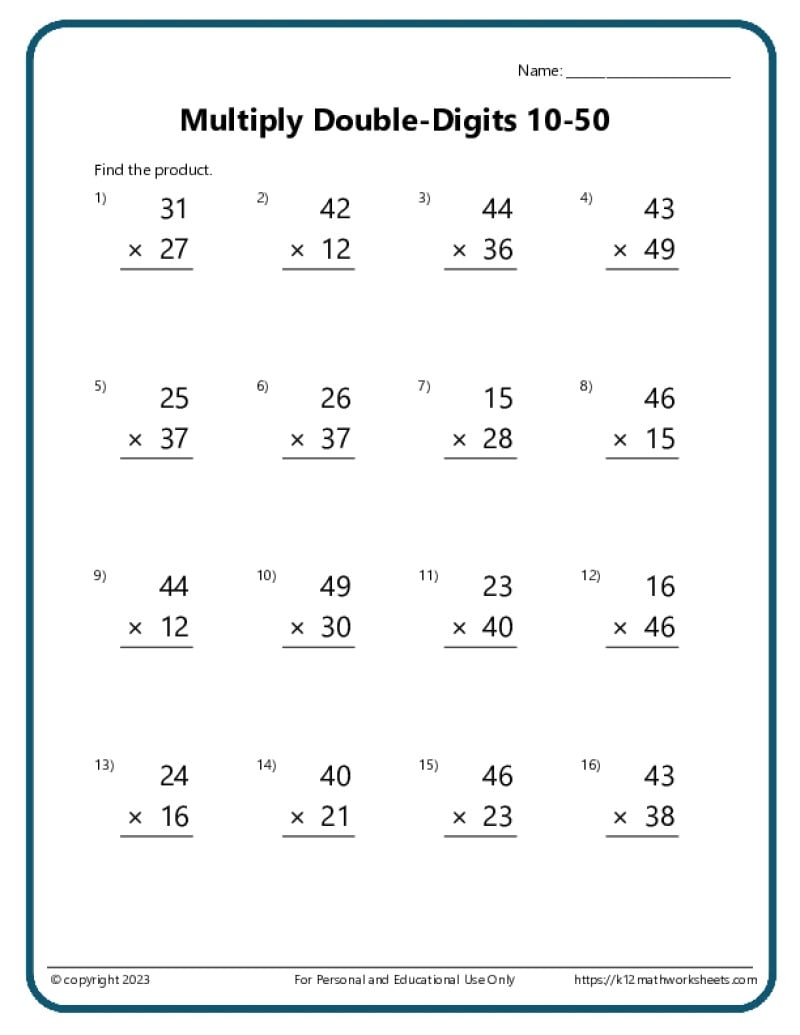 Double Digit Multiplication Worksheets 4th Grade