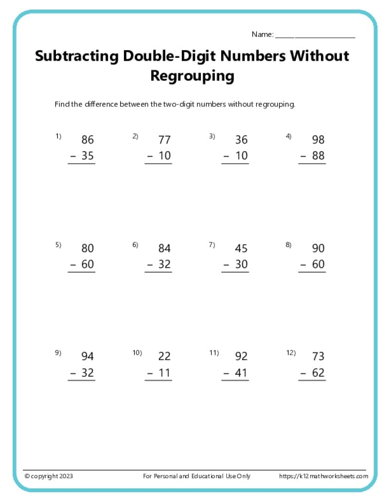 Double Digit Subtraction Without Regrouping K12 Math Worksheets