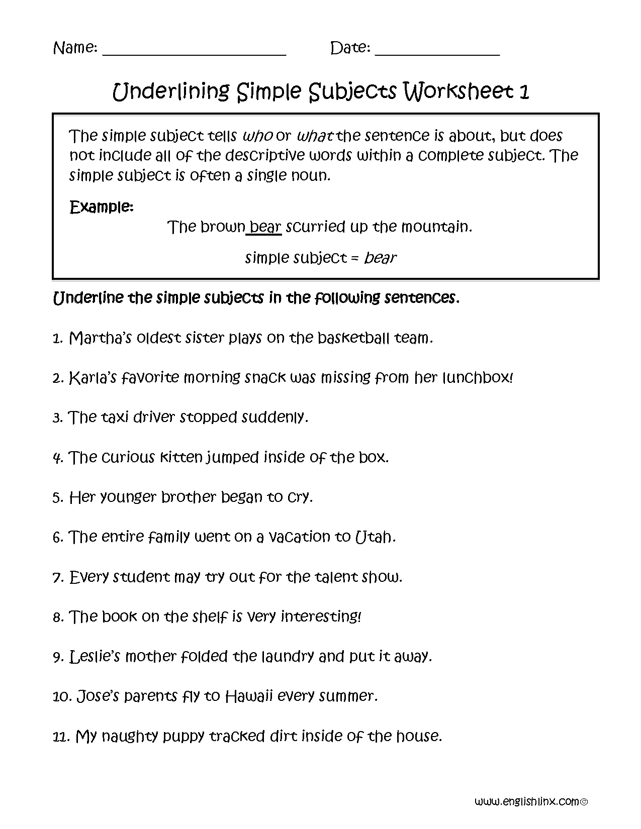 Englishlinx Subject And Predicate Worksheets