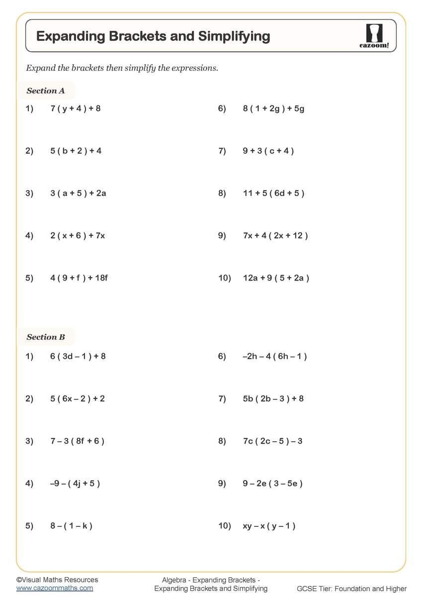 Expanding Brackets And Simplifying Worksheet Cazoom Maths Worksheets Ordered Pairs On A Coordinate Plane
