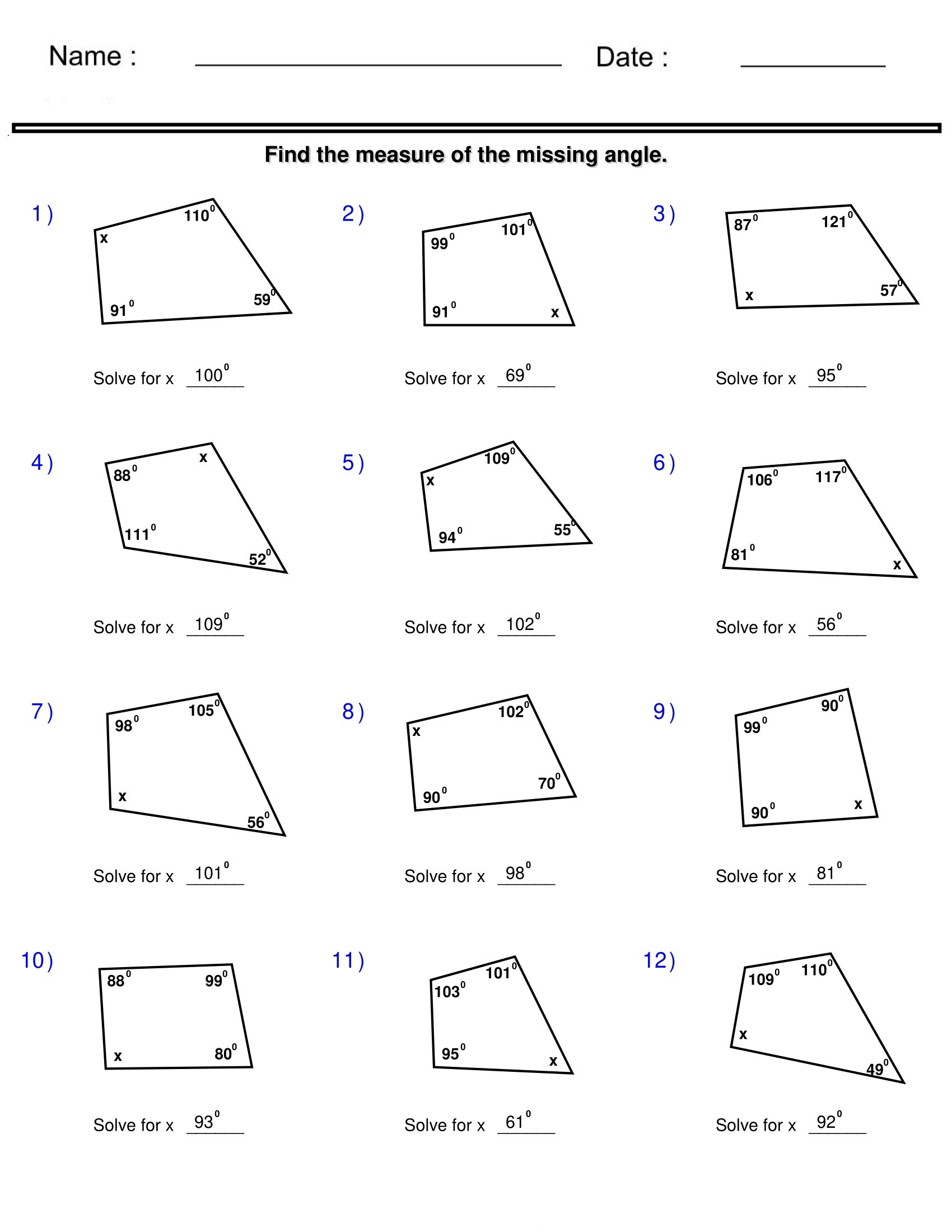 Find The Measure Of The Missing Angle Quadrilaterals And Polygons Worksheets Made By Teachers Find The Measure Of The Missing Angle Quadrilaterals And Polygons Worksheets Made By Teachers