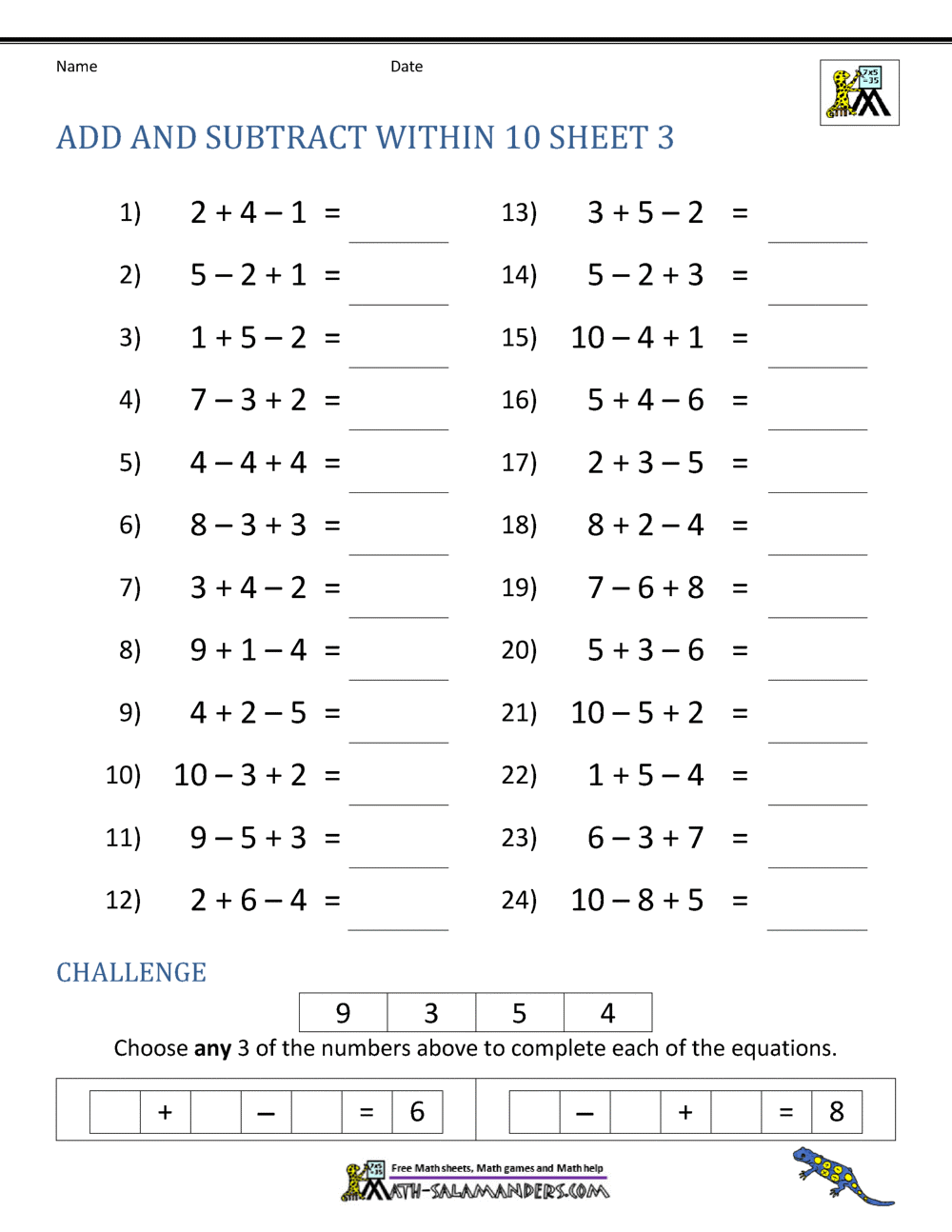 First Grade Addition And Subtraction Facts To 12