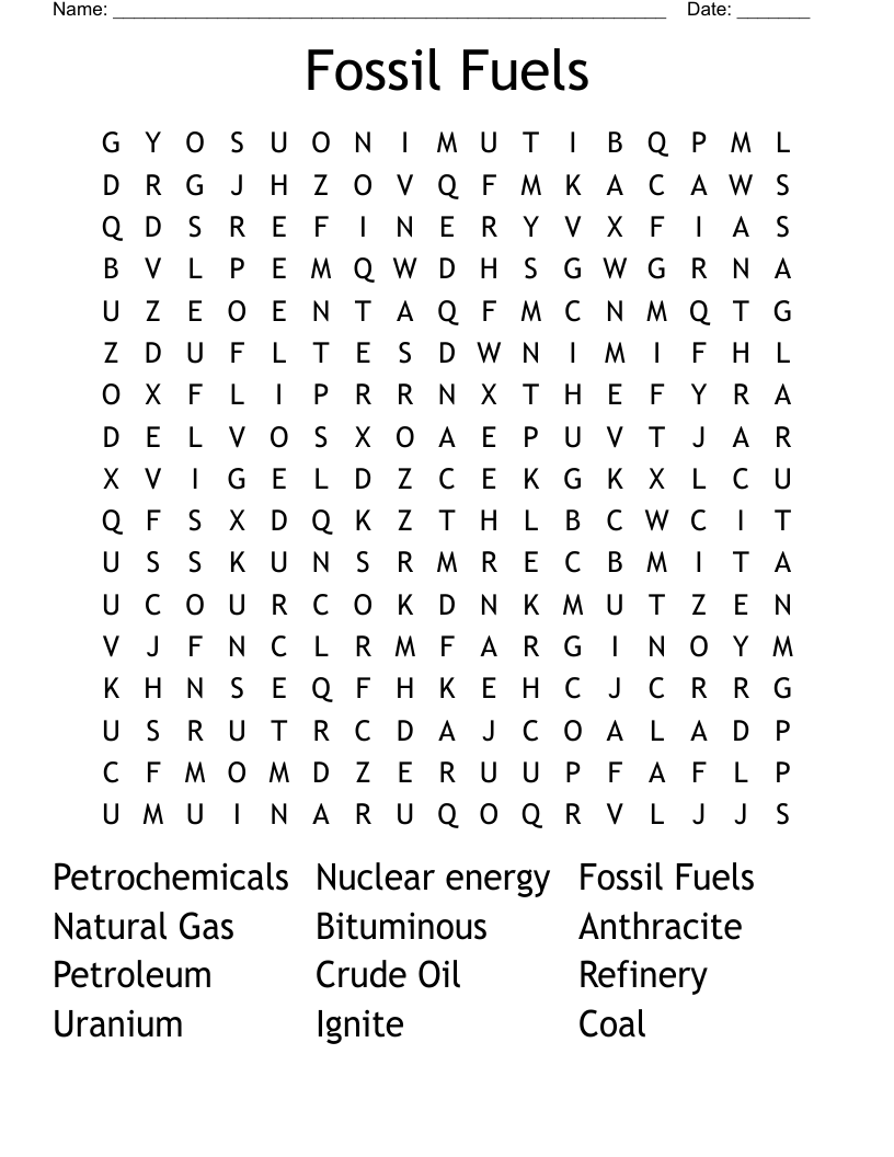 Fossil Fuels Word Search WordMint