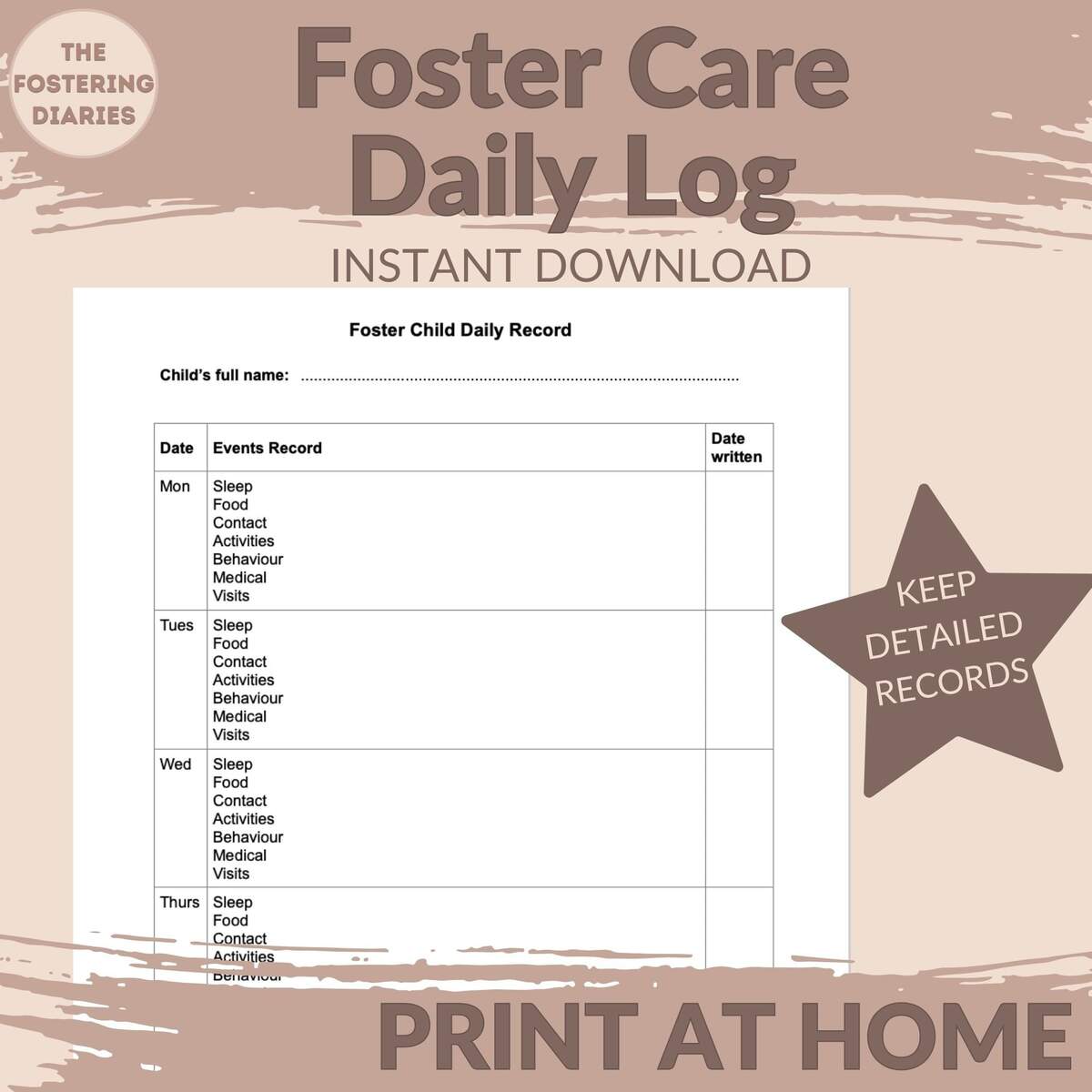 Foster Care Daily Diary Template Printable Journal Log instant Download Etsy