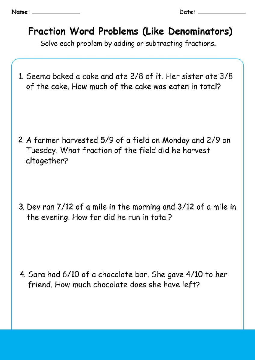 Fraction Word Problems With Like Denominators 4th Grade Worksheet Studocu