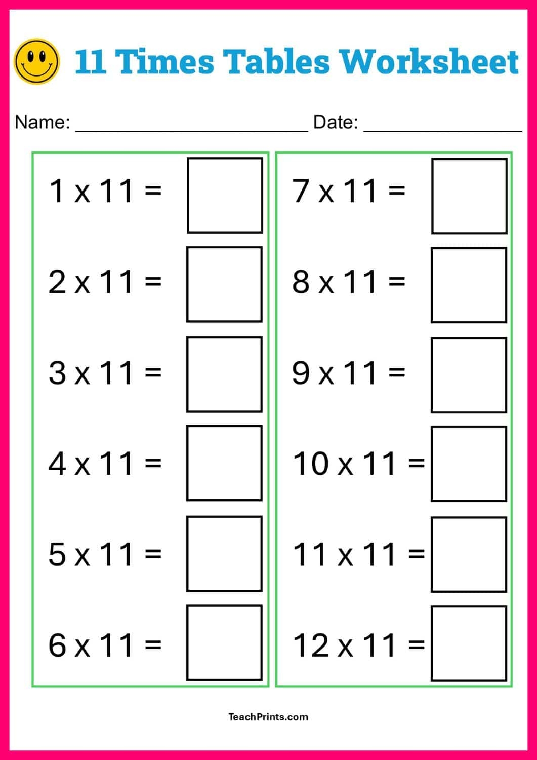 Free 11 Times Tables Worksheets 8 Versions Teach Prints