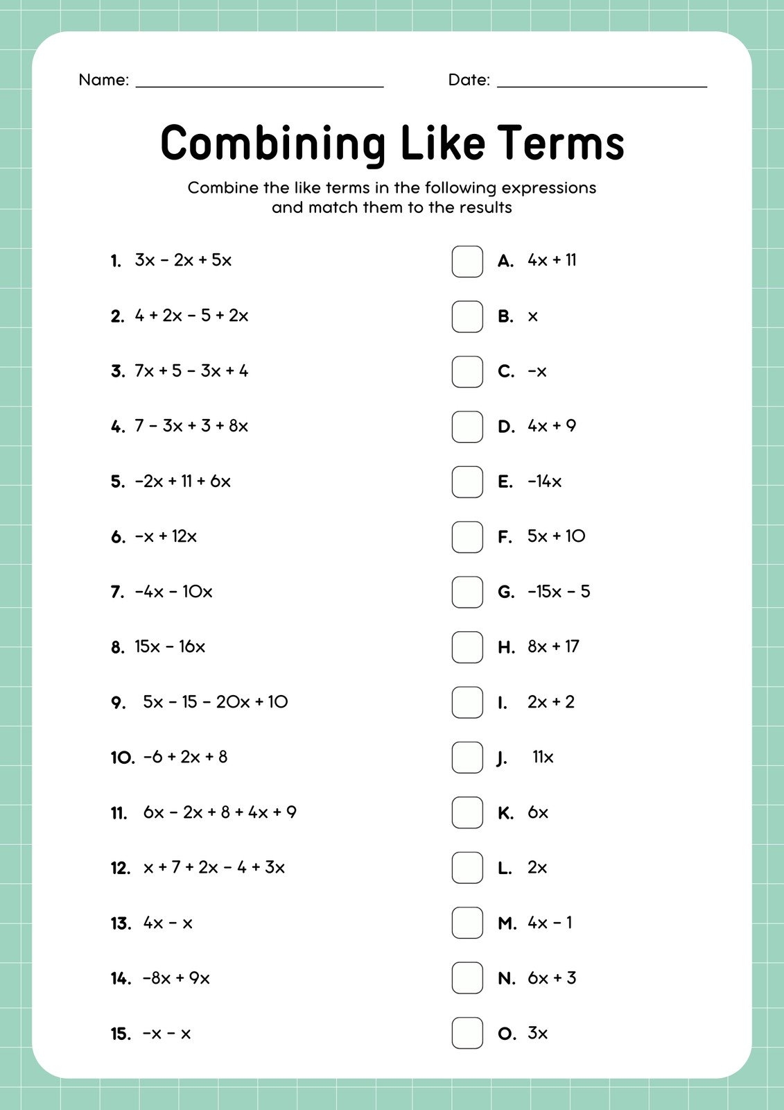 Printable 9th Grade Combining Like Terms Worksheets