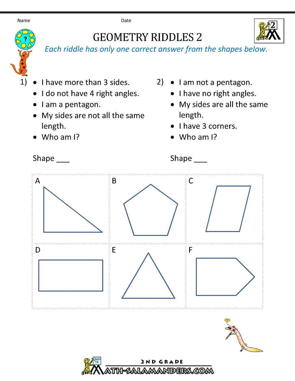 Free Geometry Worksheets 2nd Grade Geometry Riddles Free Geometry Worksheets 2nd Grade Geometry Riddles