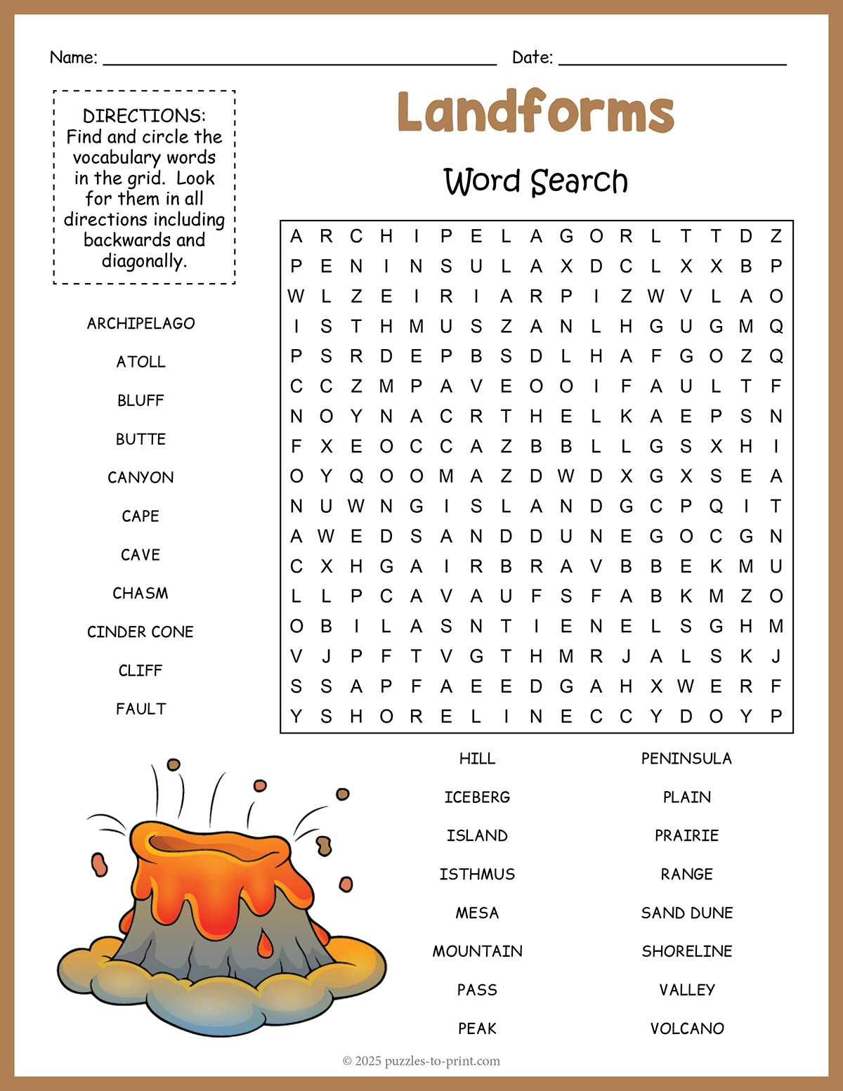 Free Printable Landforms Word Search