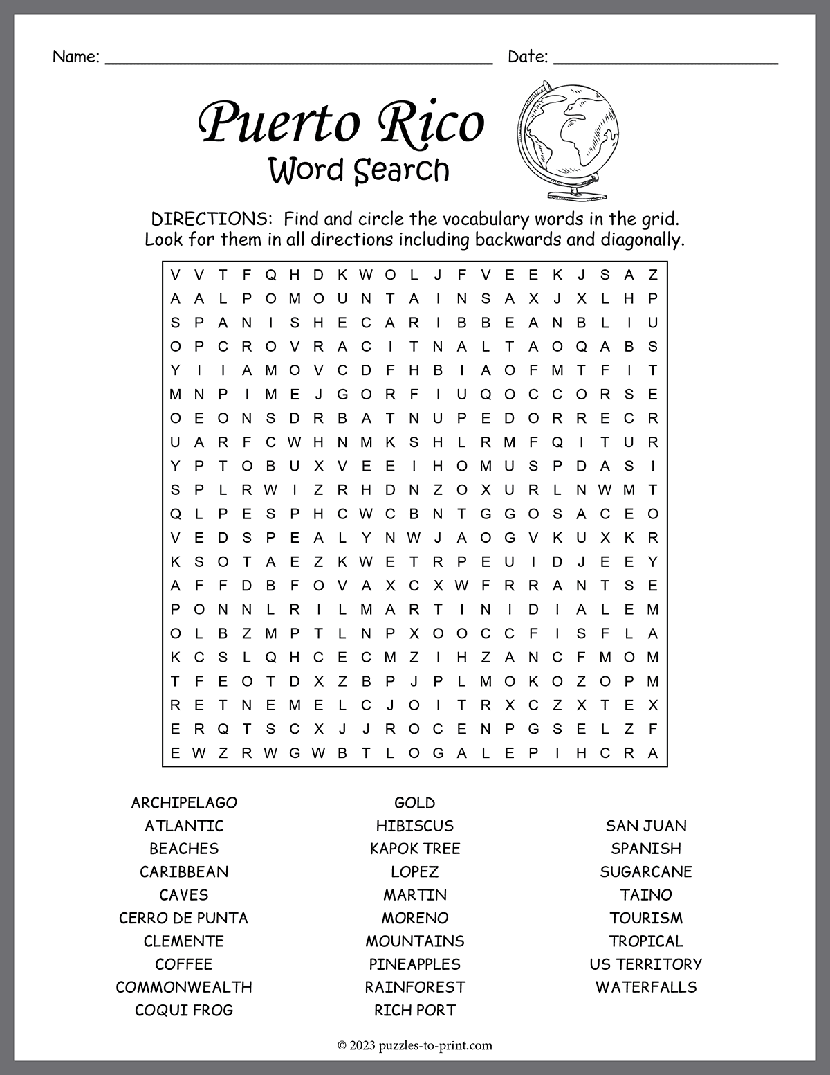 Free Printable Puerto Rico Word Search