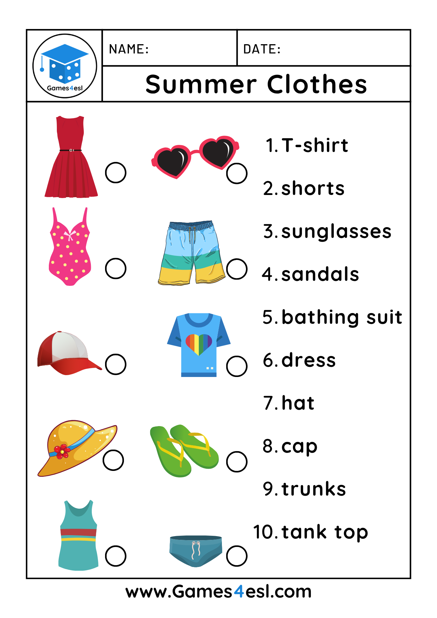 Free Printable Summer Clothes Worksheets For ESL Kids Games4esl