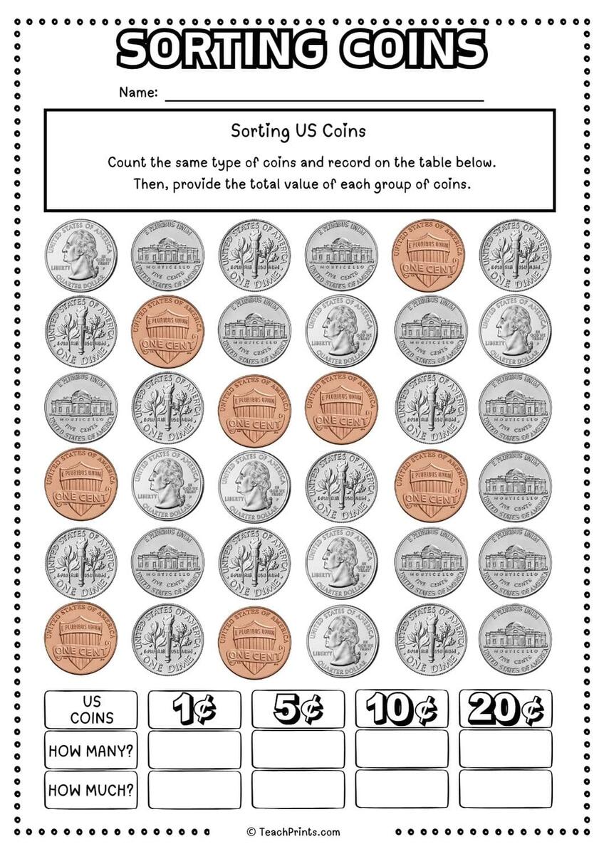Free Sorting Coins Worksheets Teach Prints Free Sorting Coins Worksheets Teach Prints