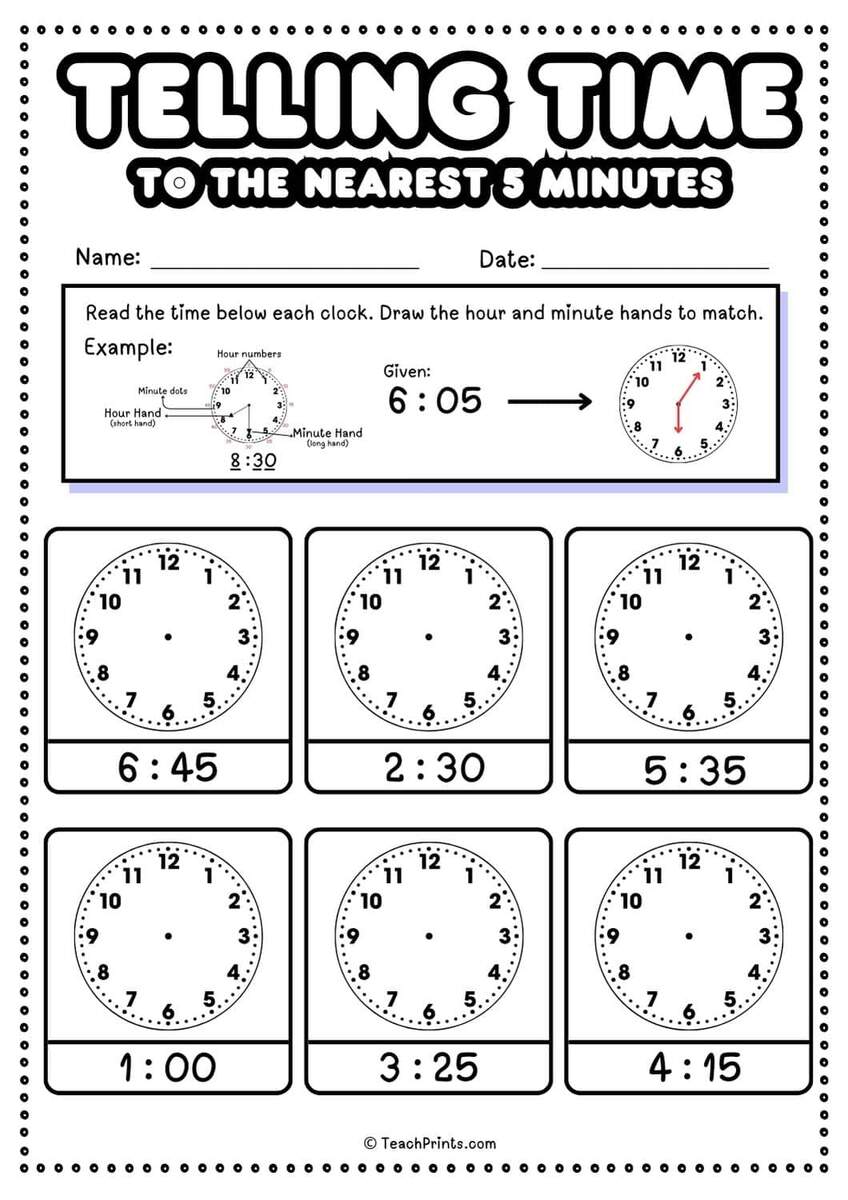 Free Telling Time To Five Minutes Worksheets Teach Prints Free Telling Time To Five Minutes Worksheets Teach Prints