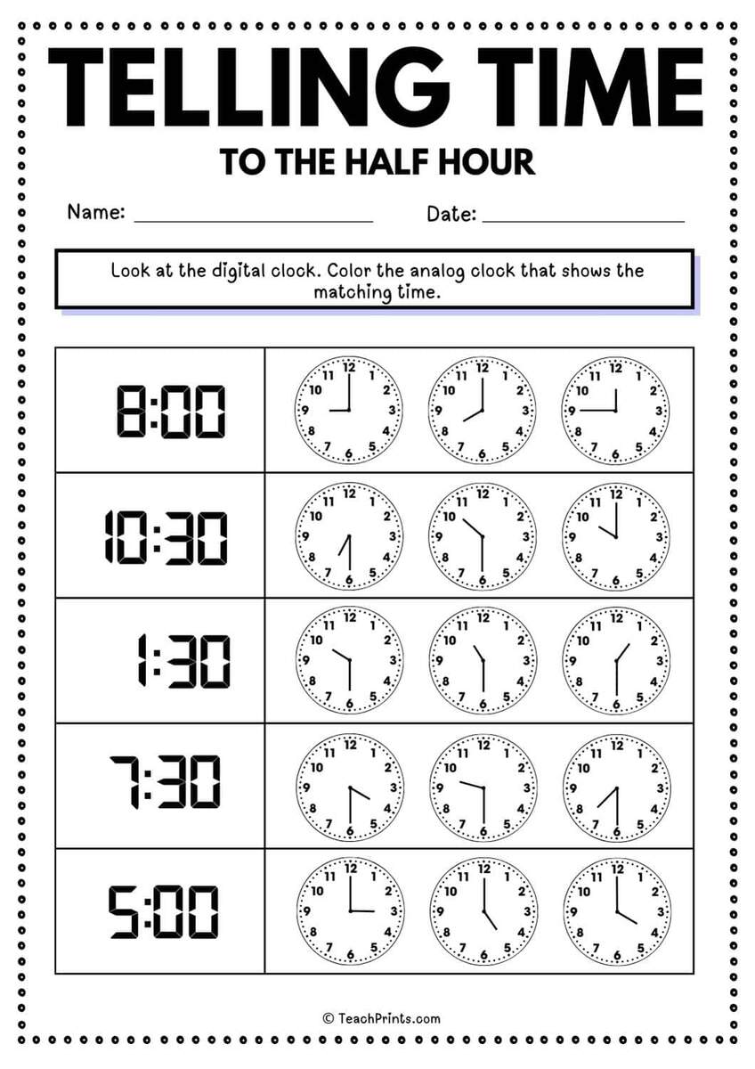 Telling Time Half Past The Hour Worksheets For 1st And 2nd Graders