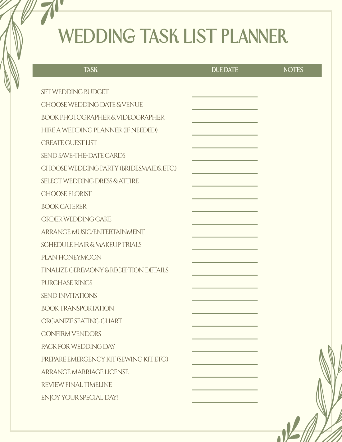 Free Wedding Planeer Templates To Customize Online Download Printable Wedding Planning Checklist Eco Style PDF