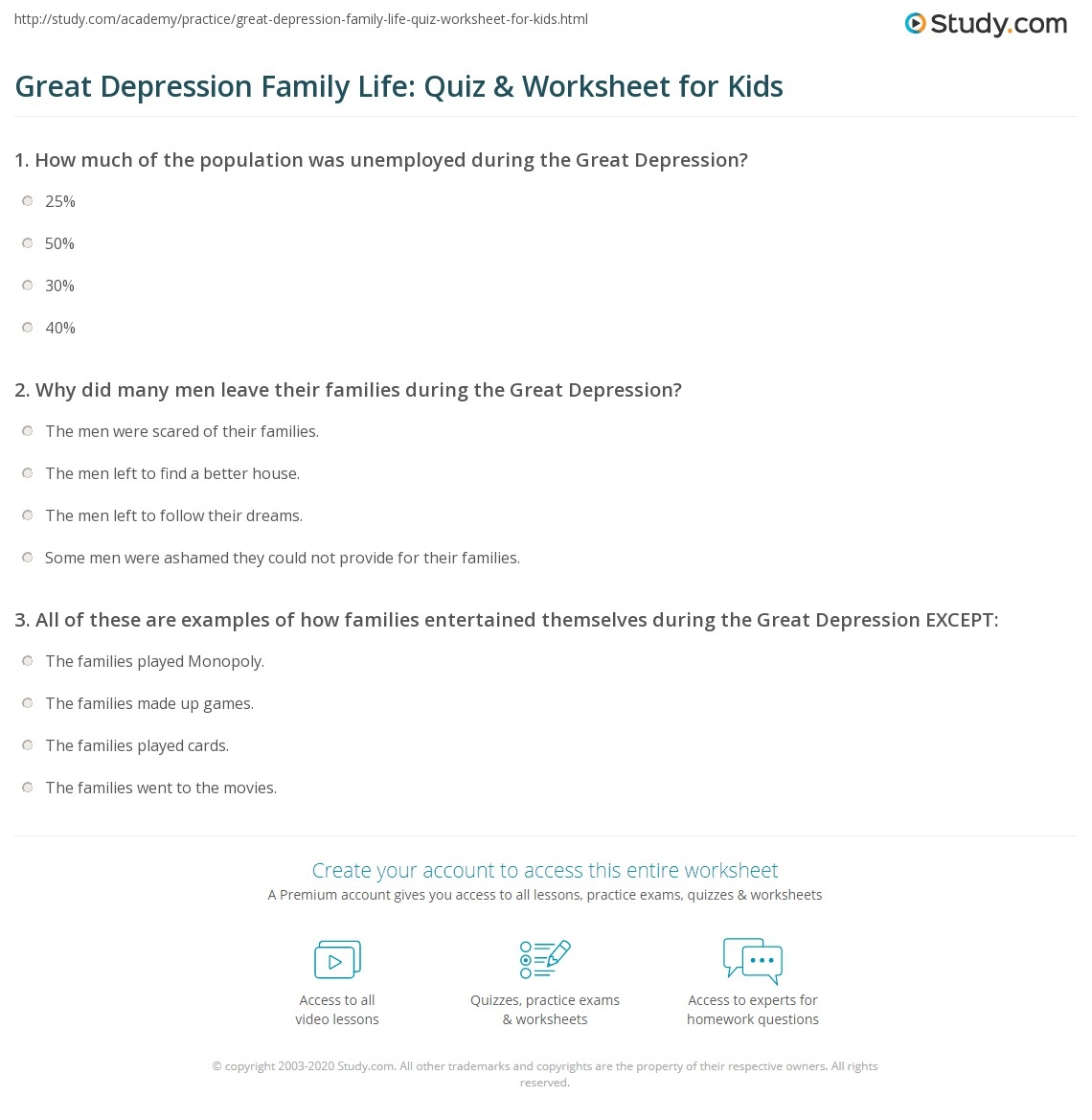 Great Depression Family Life Quiz Worksheet For Kids Study