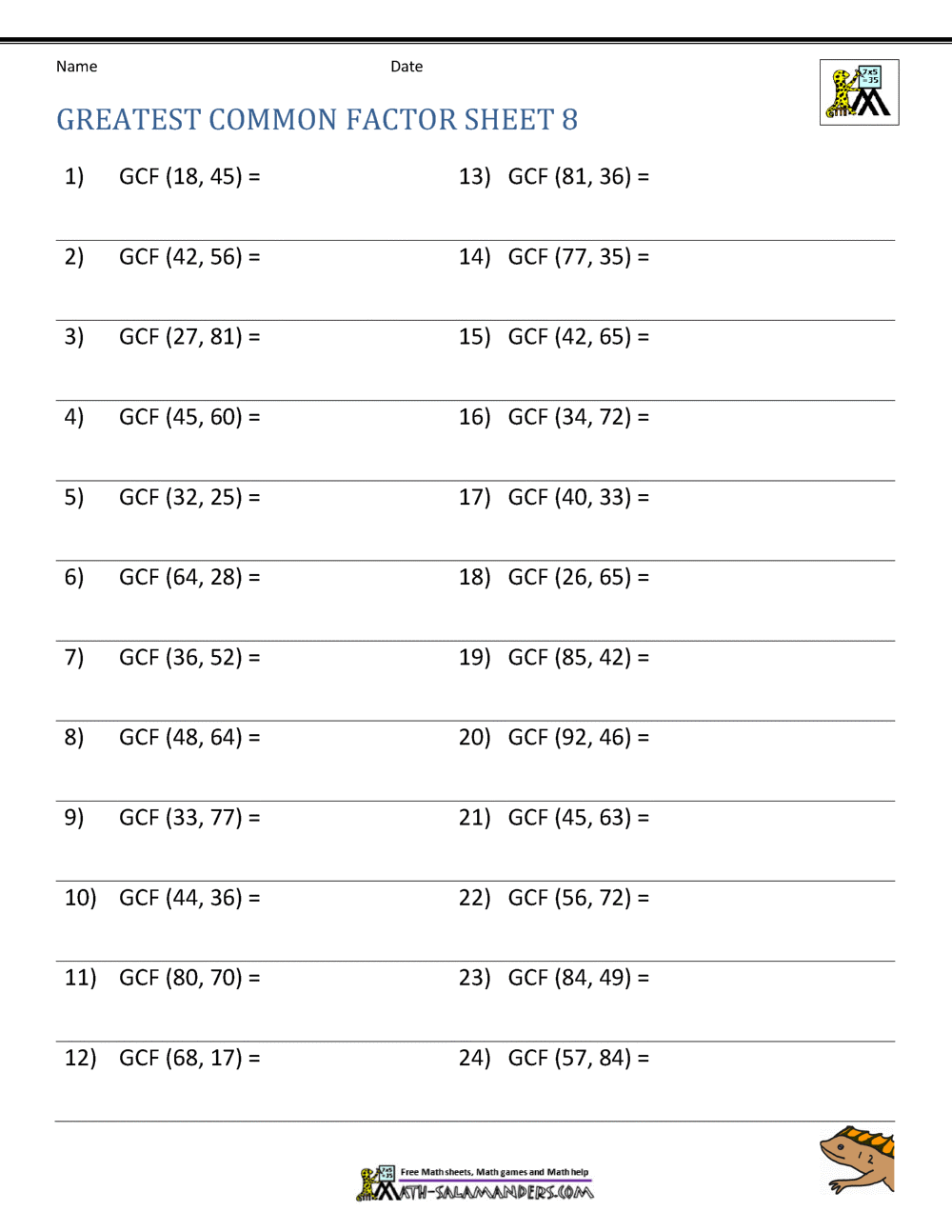 Greatest Common Factor Worksheet Page Greatest Common Factor GCF Color By Number Classful