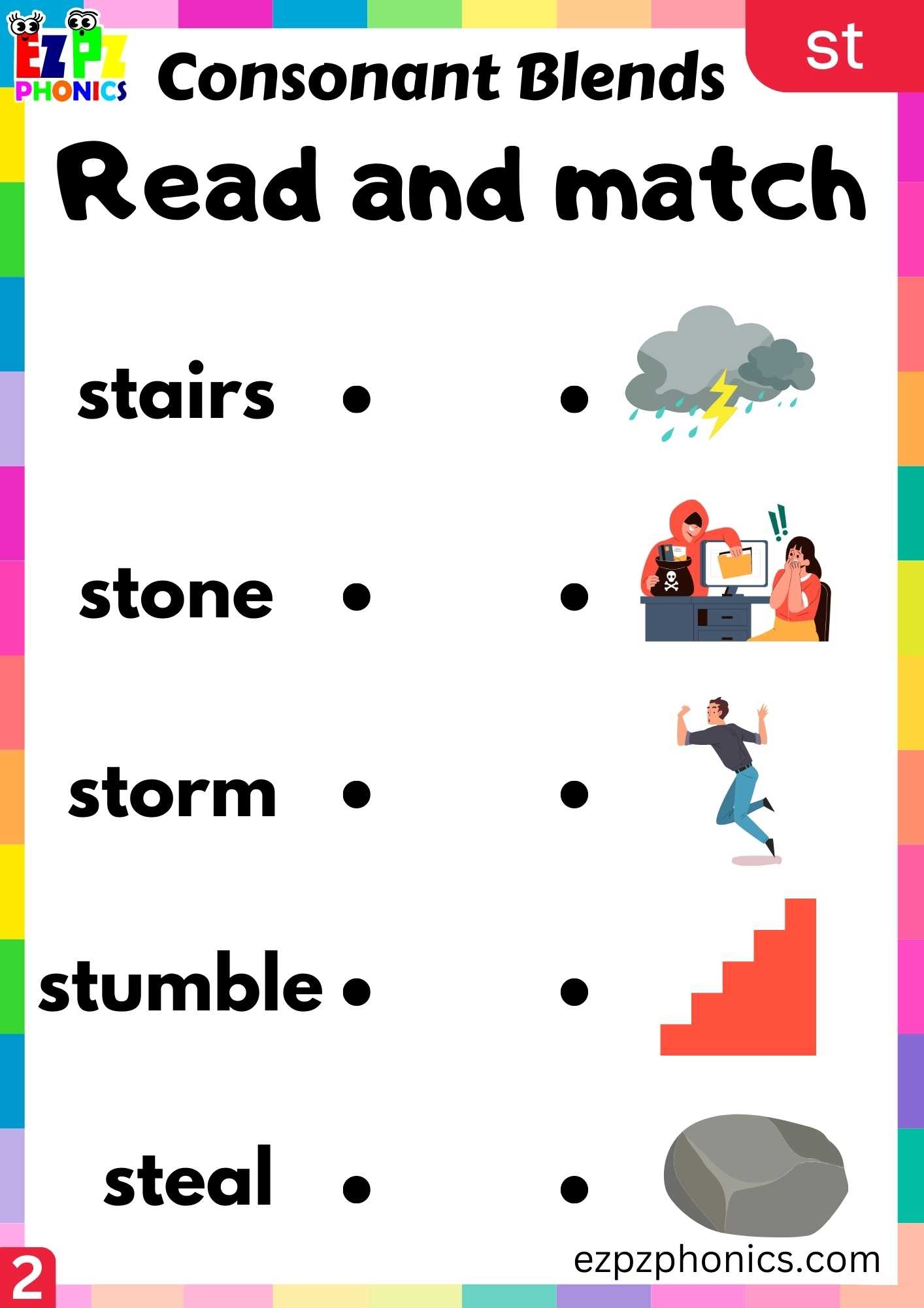 Group2 ST Words Read And Match Phonics Consonant Blends Worksheet Ezpzphonics