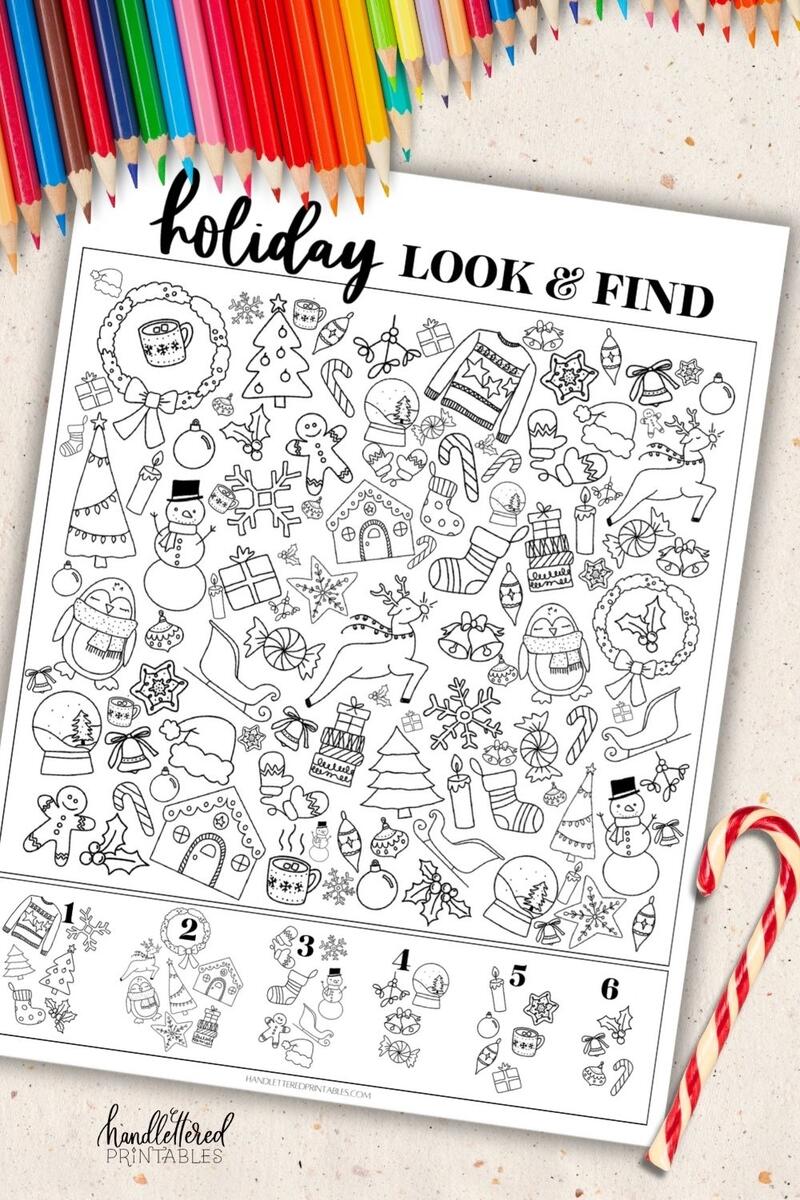 Holiday Look Find Find The Hidden Christmas Objects Printable Hand Lettered Printables Free Printable I Spy Christmas Activity Mrs Merry