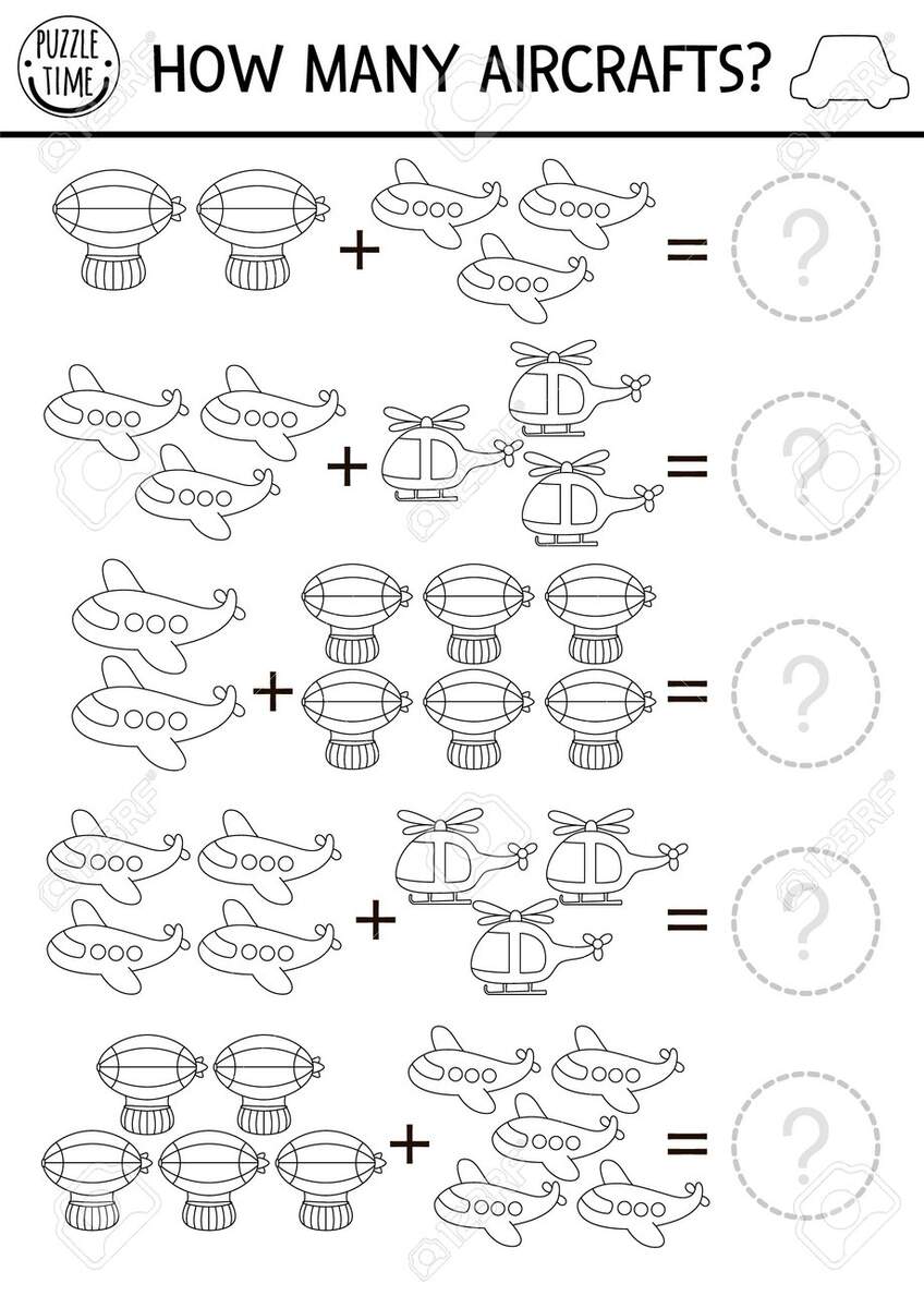 How Many Aircrafts Black And White Game Air Transportation Line Math Addition Activity For Kids Simple Transport Printable Counting Worksheet Or Coloring Page With Cute Plane Helicopter Royalty Free SVG Cliparts Vectors