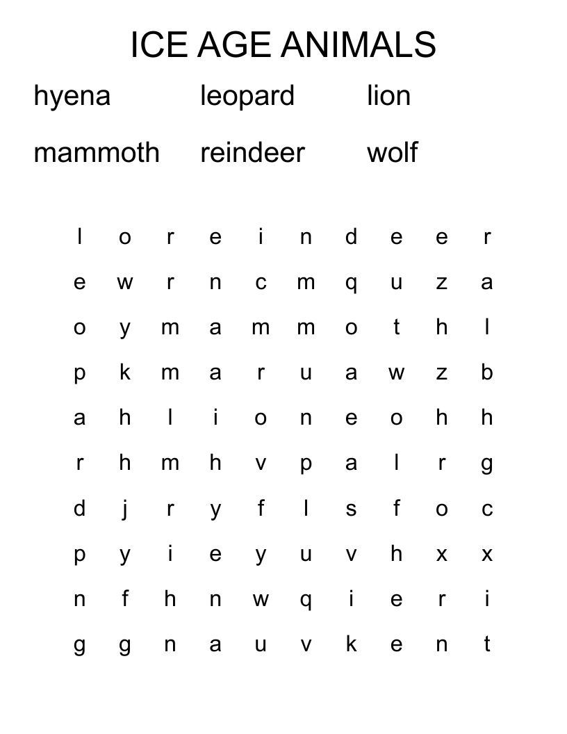 ICE AGE ANIMALS Word Search WordMint