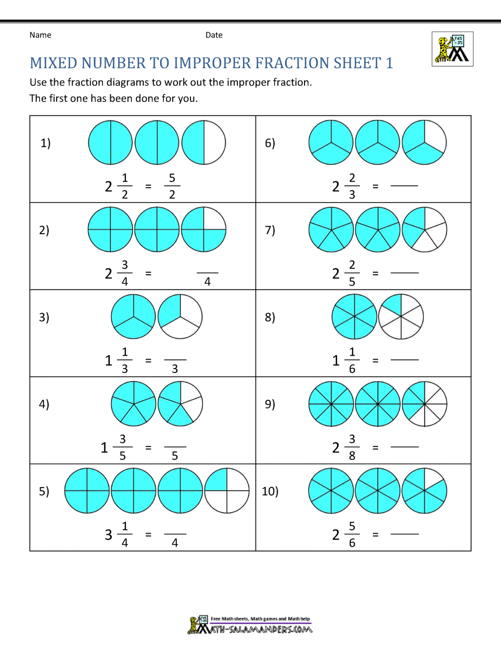 Mixed Numbers And Improper Fractions A Worksheet Printable Maths Worksheets