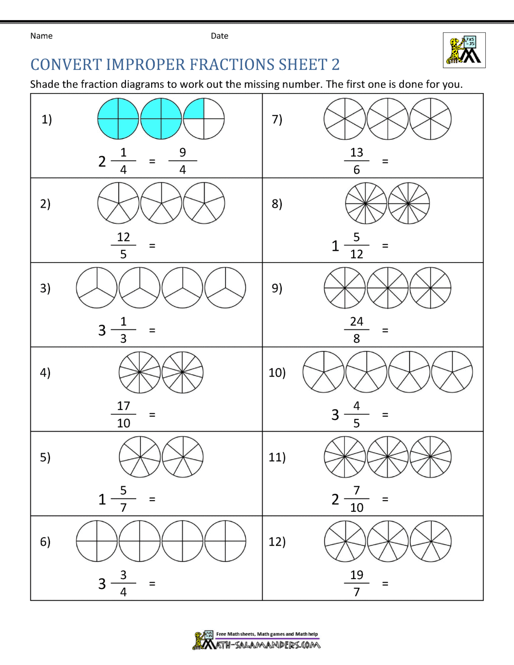 Mixed Numbers And Improper Fractions A Worksheet Printable Maths Worksheets