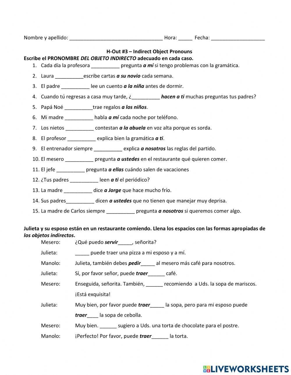 Indirect Object Pronoun Ej 3 Worksheet Worksheets Library