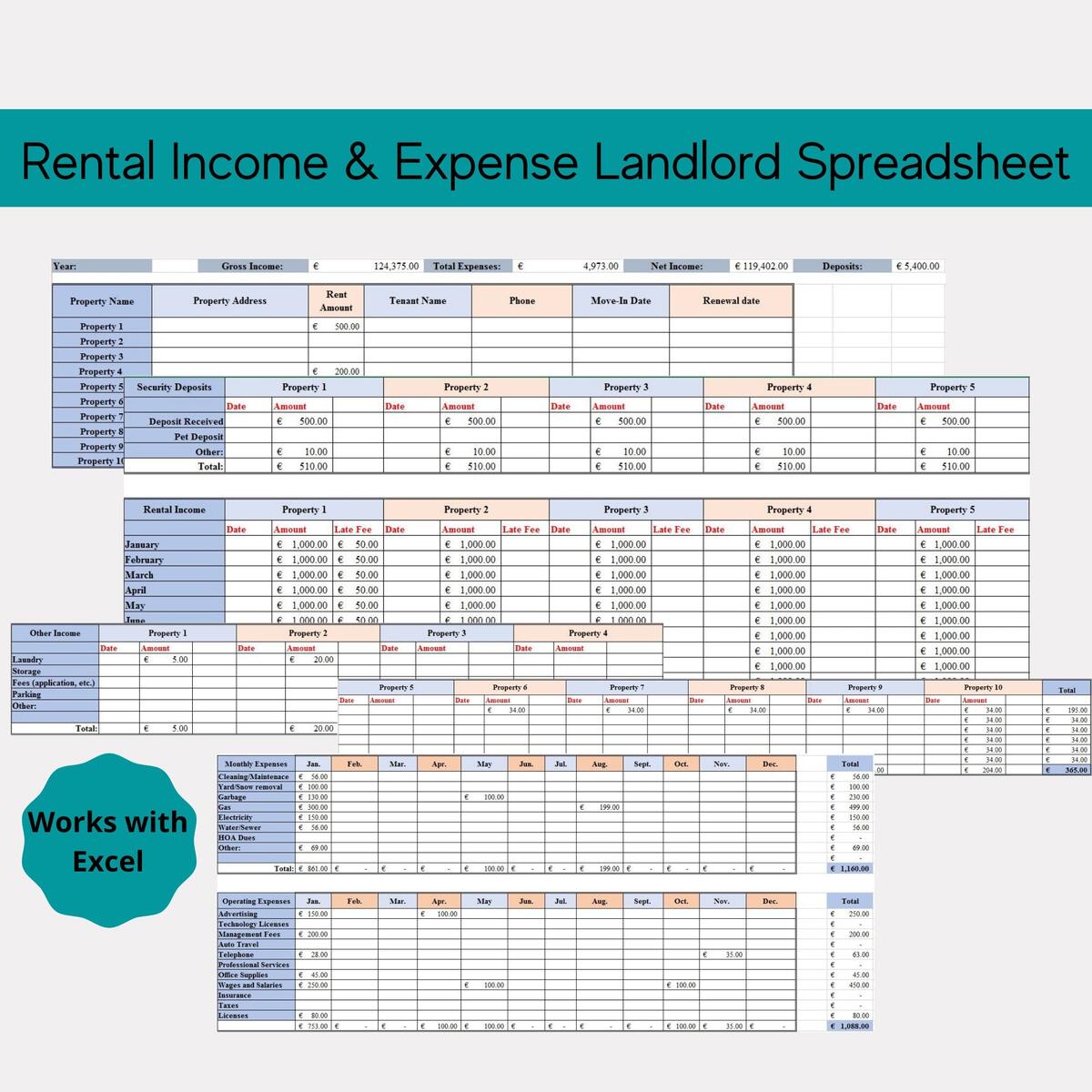 Landlord Rent Ledger Spreadsheet Rental Property Income And Expense Template Property Management Spreadsheet Etsy