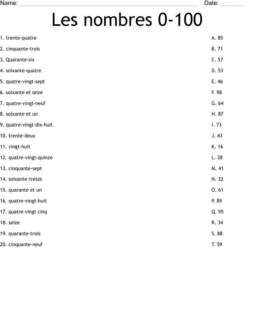 French Numbers 1 100 10 Free PDF Printables Printablee