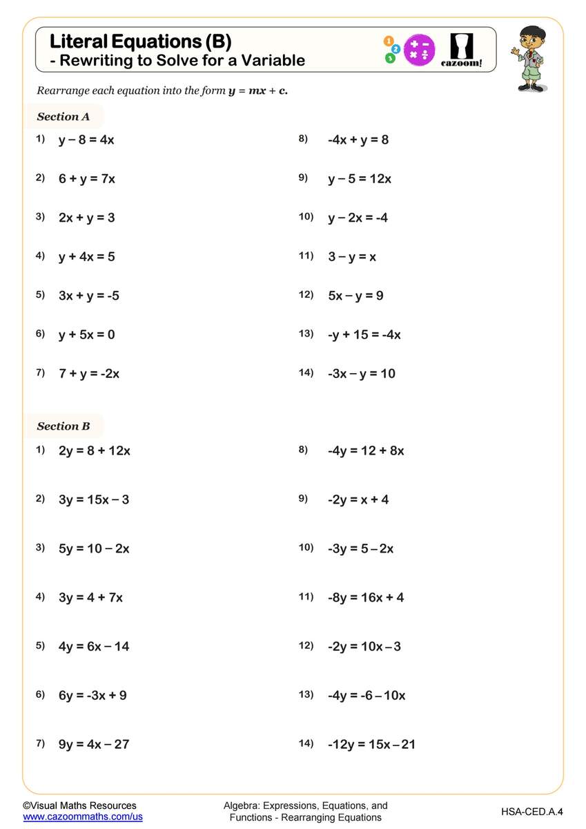 Literal Equations B Rewriting To Solve For A Variable Worksheet PDF Printable Algebra Worksheet Cazoom Math Printable 10th Grade Equations Fill In The Blanks Worksheets