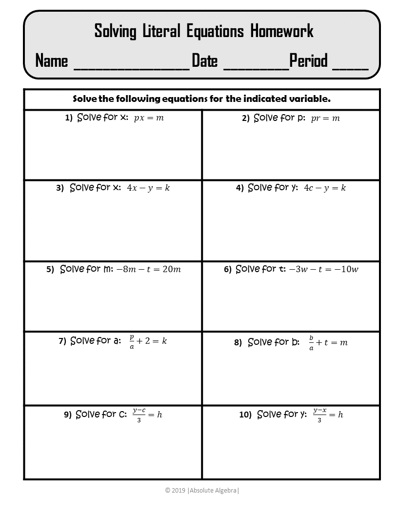 Literal Equations Notes Practice Homework PDF And Editable U1 Absolute Algebra Literal Equations Notes Practice Homework PDF And Editable U1 Absolute Algebra