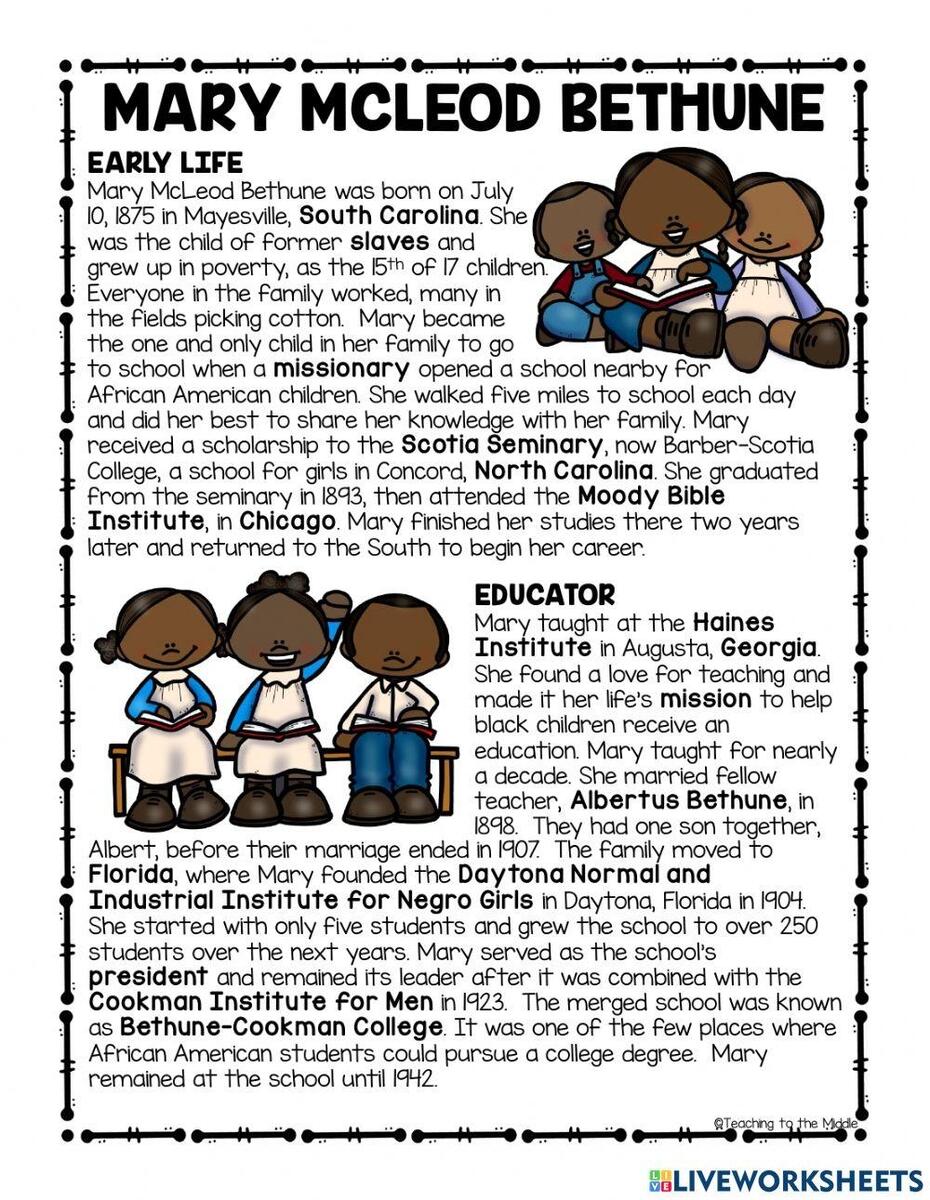 Mary McLeod Bethune Online Exercise For Worksheets Library Mary McLeod Bethune Word Search Puzzle Activity Black History Month Wordsearch Made By Teachers