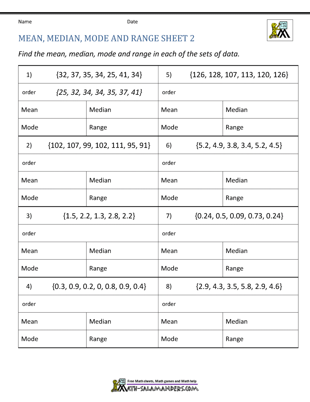 Mean Median Mode Range Worksheets Mean Median Mode Range Worksheets