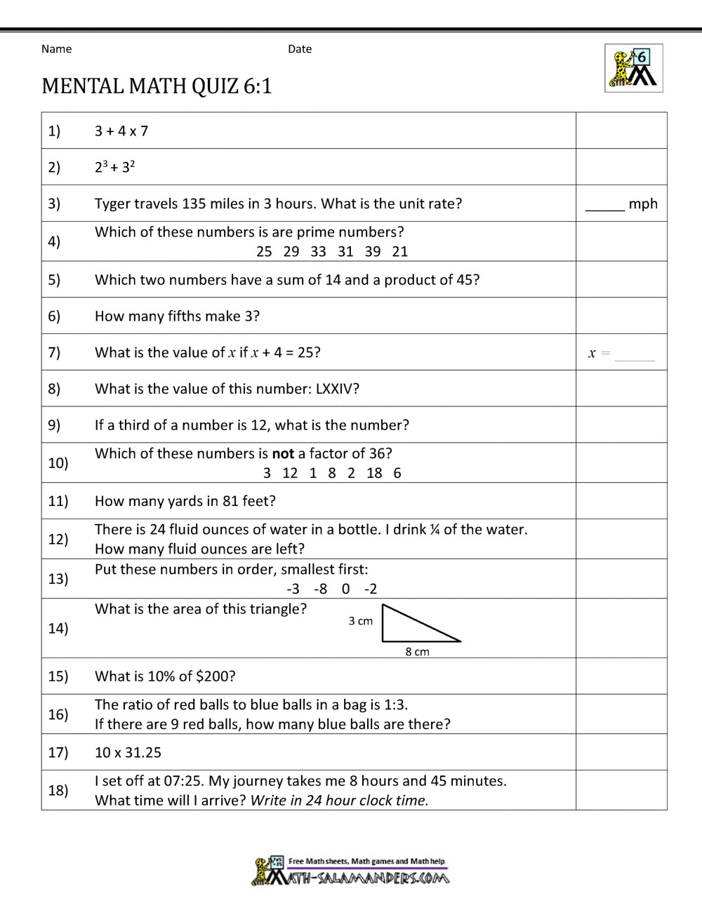Mental Math 6th Grade