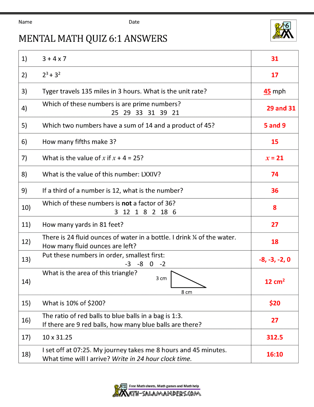 Mental Math 6th Grade Mental Math 6th Grade