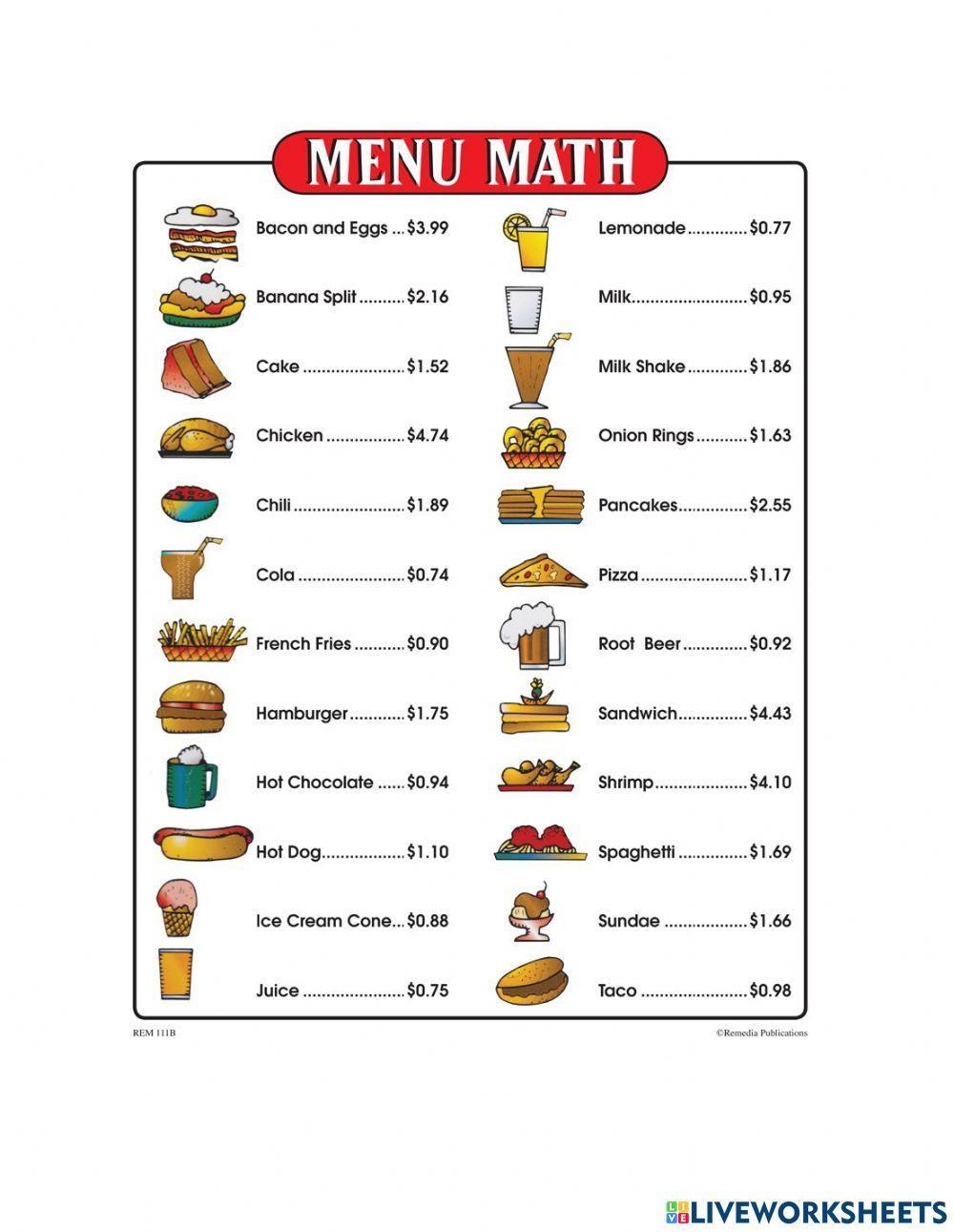 Menu Math Worksheet Worksheets Library