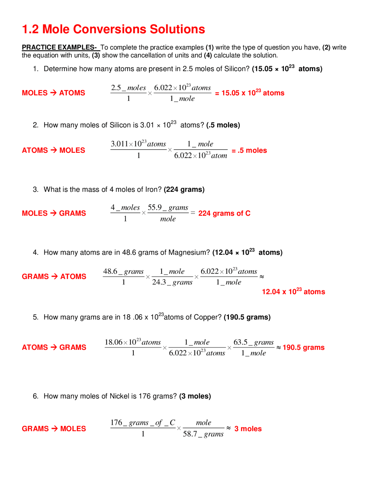 Mole Conversions Solutions Worksheet Exercises Chemistry Docsity Mole Conversions Solutions Worksheet Exercises Chemistry Docsity