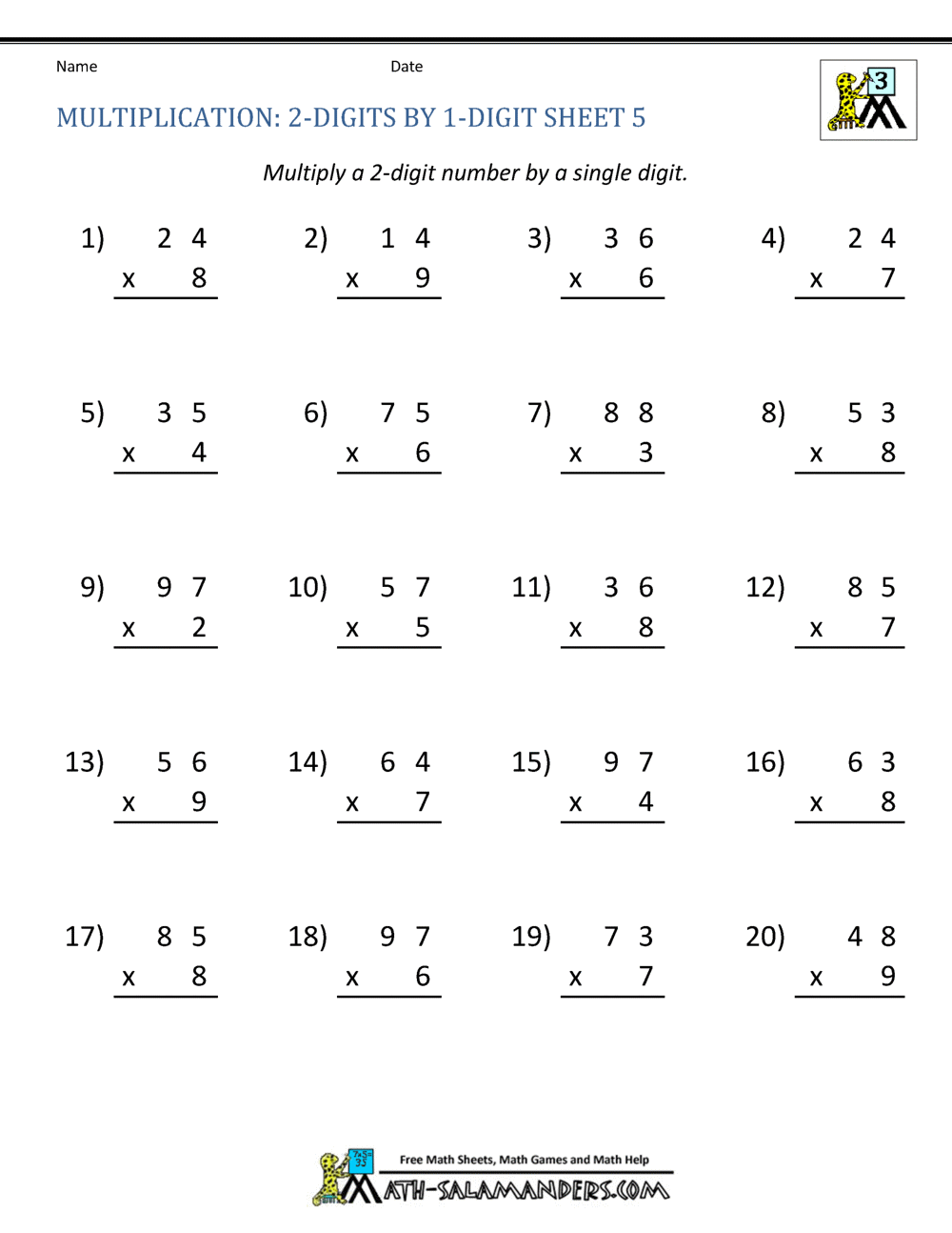 Multiplication Worksheets 2 Digit By 1 Digit Math Drills DIY Worksheets Library