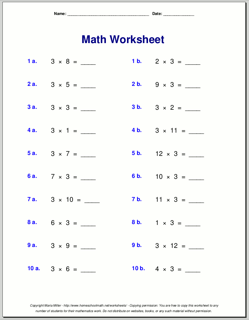Free Printable Multiplication Worksheet For Third Grade