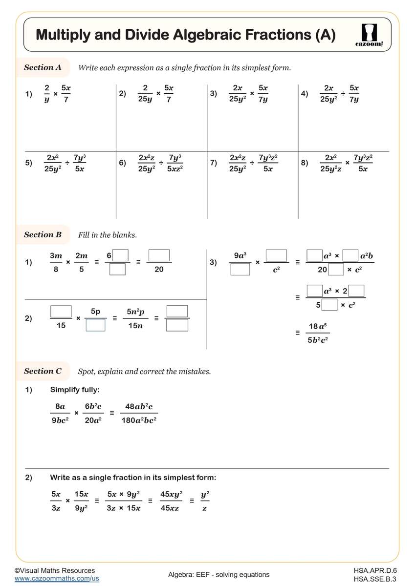 Multiply And Divide Algebraic Fractions A Worksheet Fun And Engaging High School Algebra Worksheet Cazoom Math