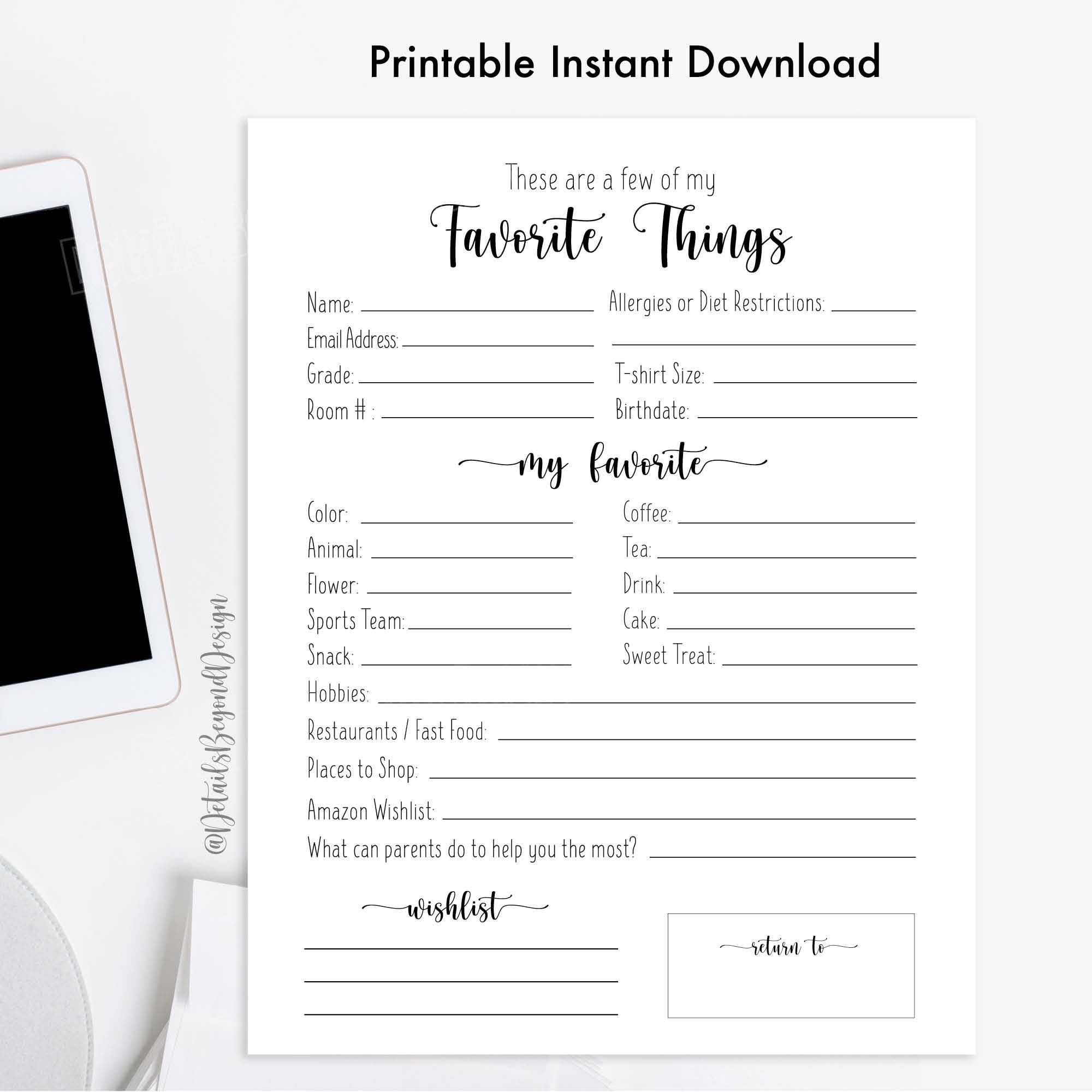 My Favorite Things Classroom Questionnaire School Survey 8 X10 Gift Exchange Ideas Printable PDF Jpeg Digital File Etsy