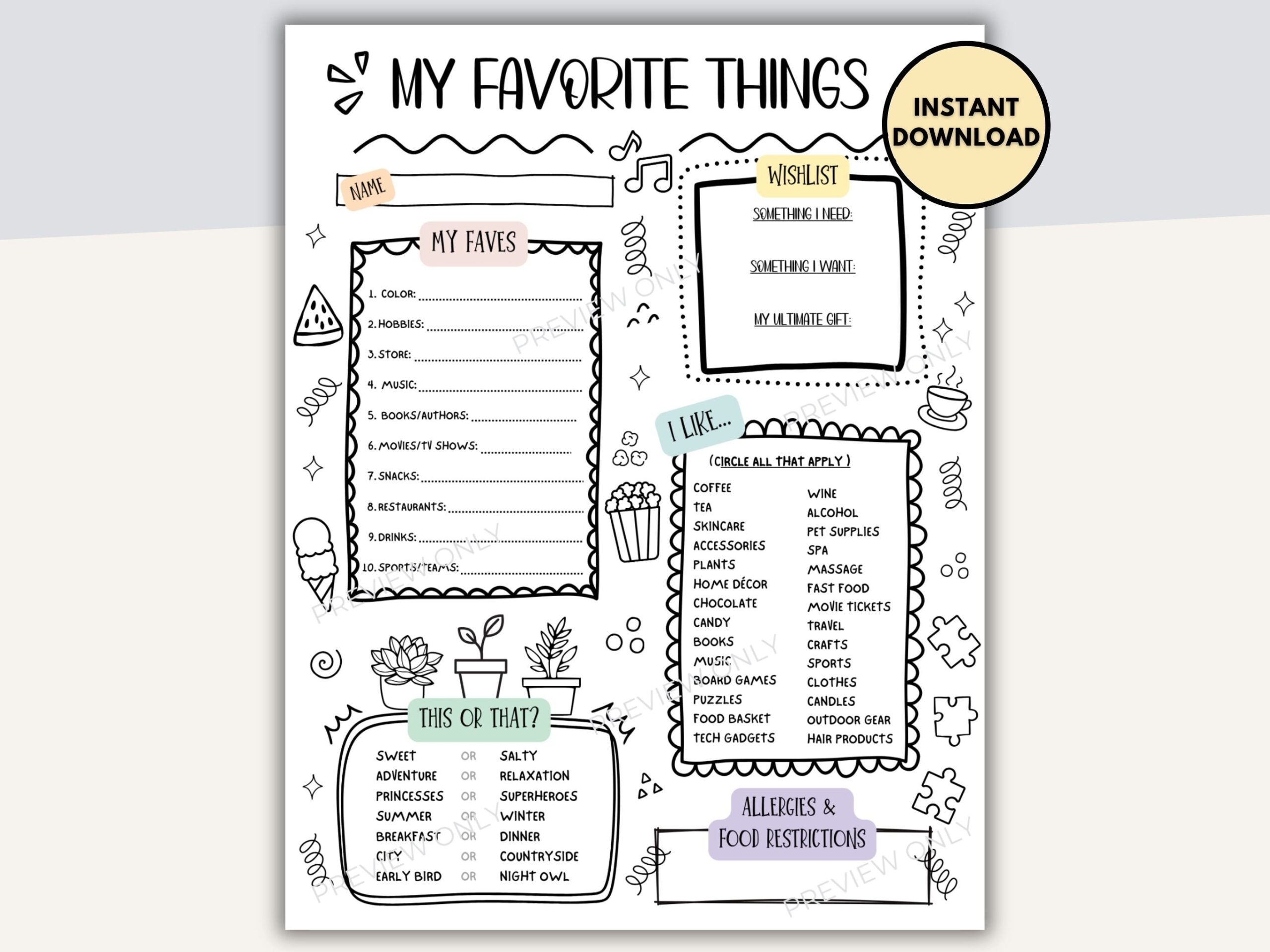 My Favorite Things Survey For Family Employee Favorites Co Worker Questionnaire All About Me My Favorite Things List Form Staff Survey Etsy