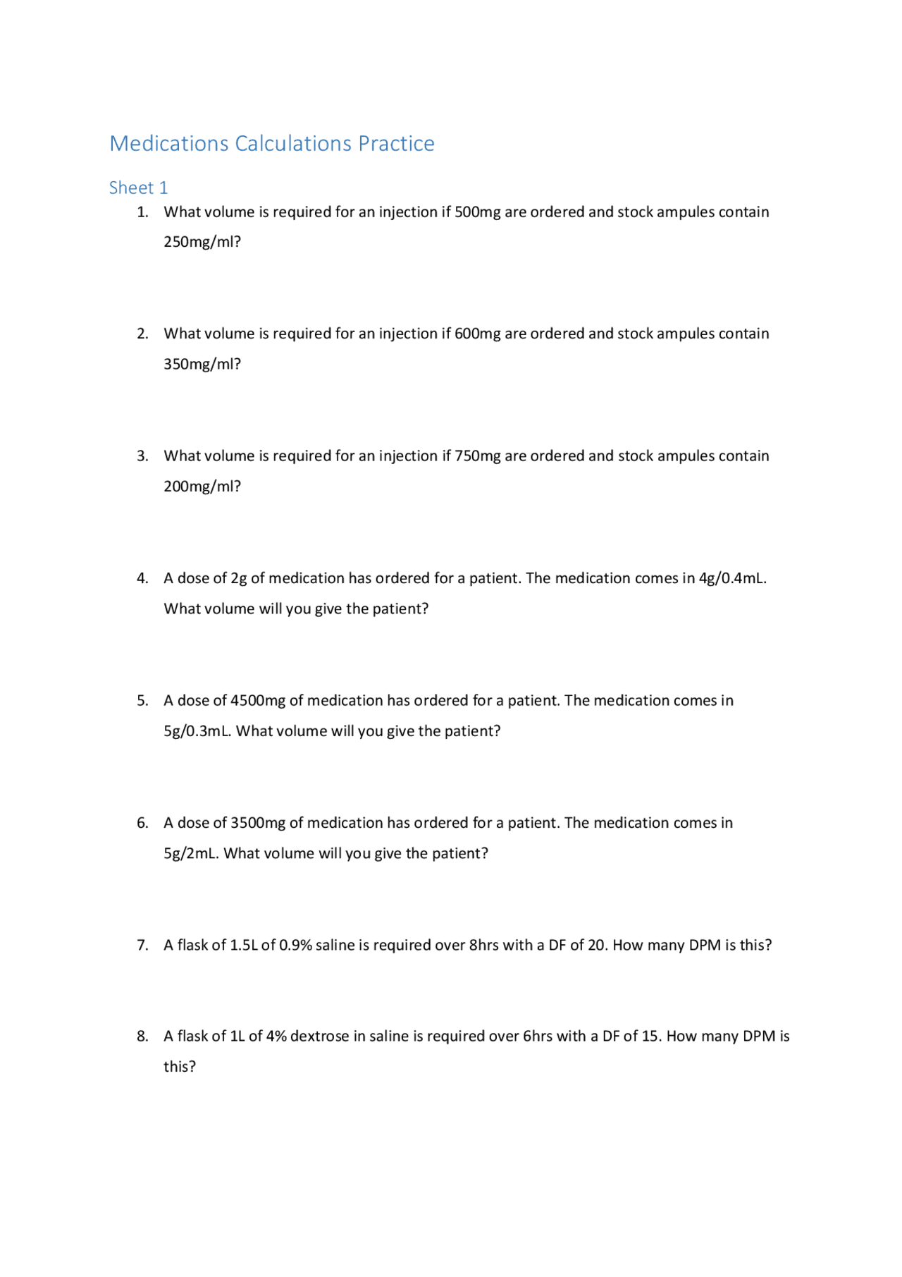 NSGMISC Dosage Calculation Practice Questions 7 1 Dosage Worksheets Library
