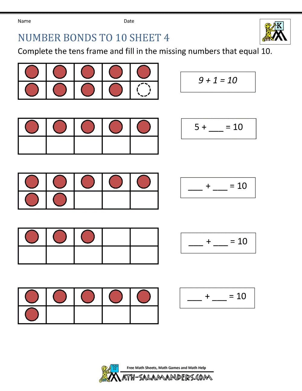 Number Bonds Worksheets To 100